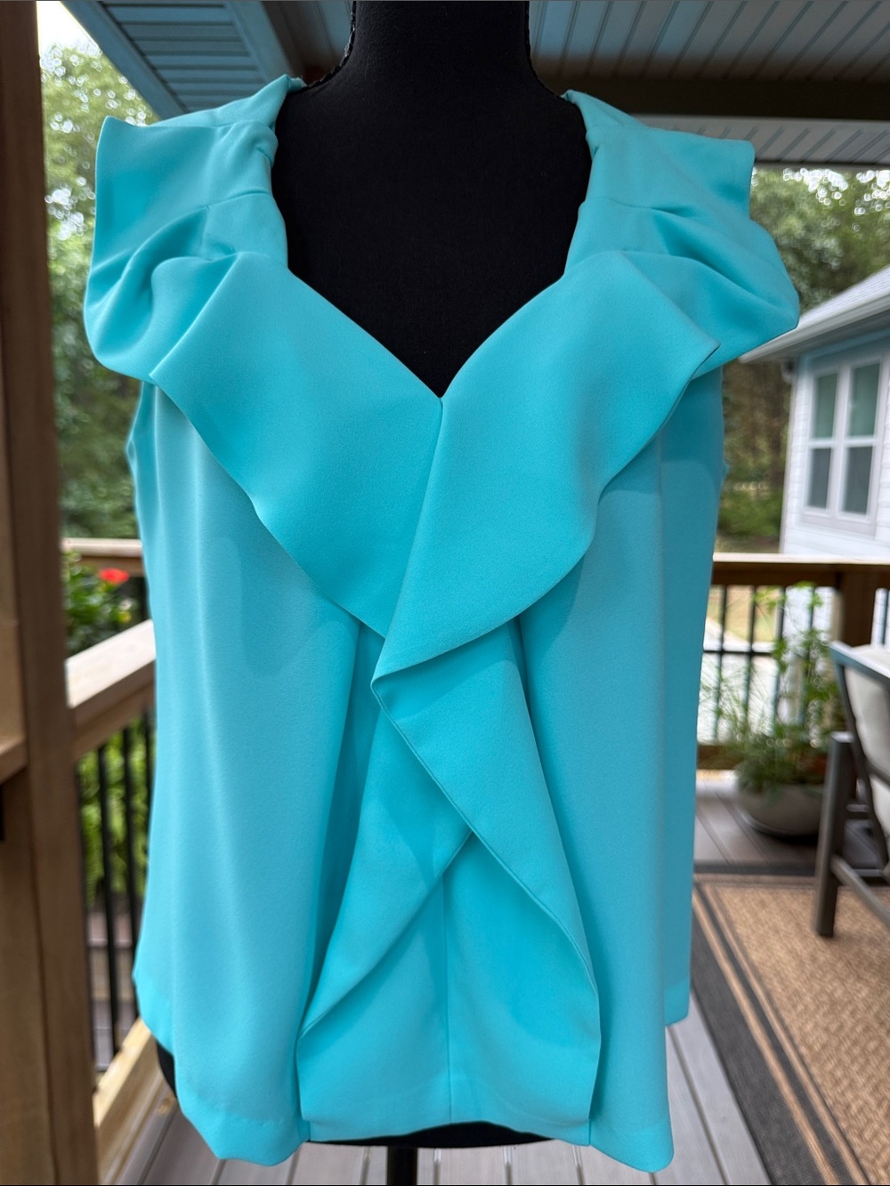 Diane Von Furstenberg Aqua Ruffled V-Neck Sleeveless Blouse